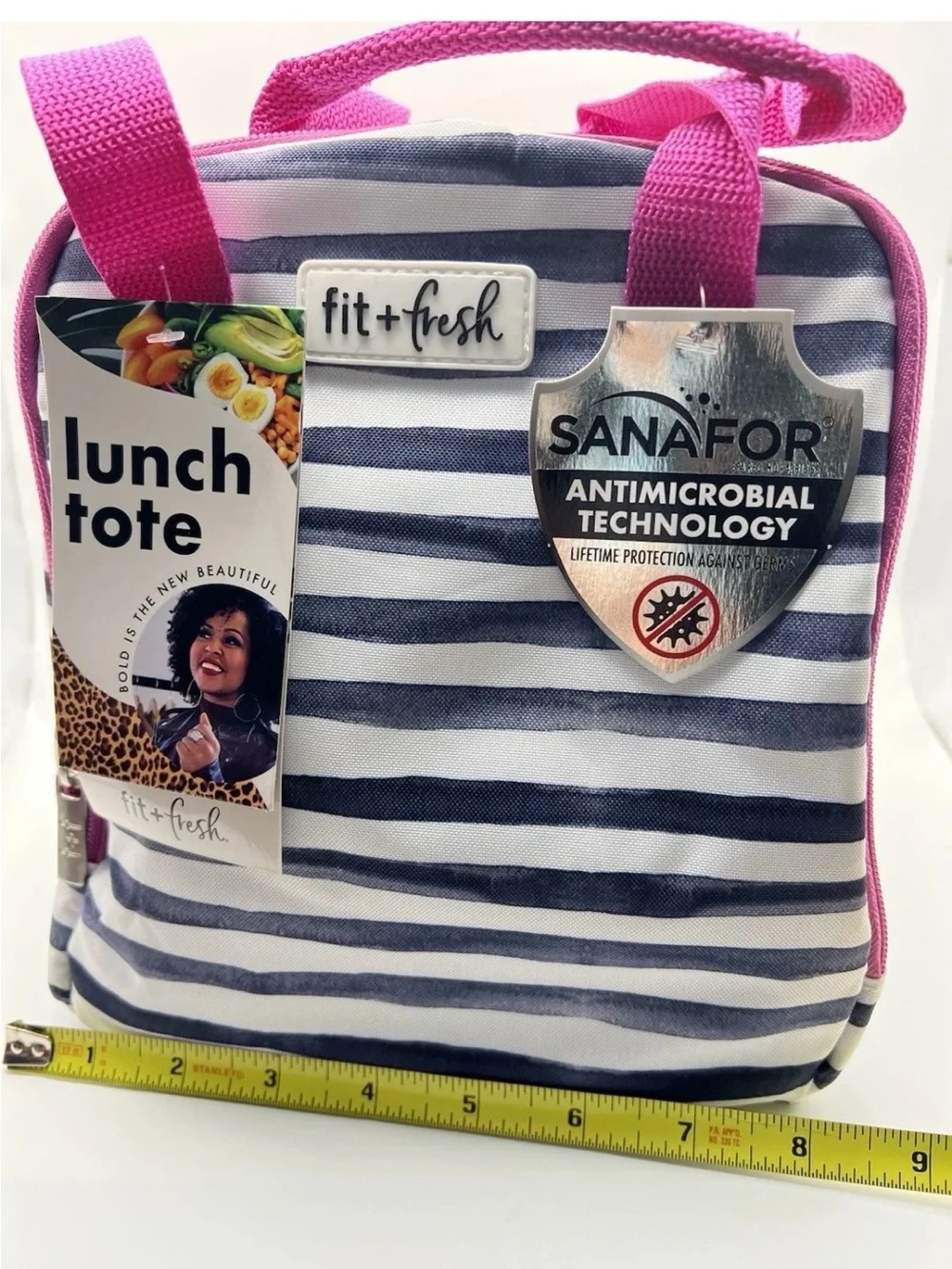 NEW Fit + Fresh Striped Lunch Tote Bag Antimicrobial w/ Snack Container
